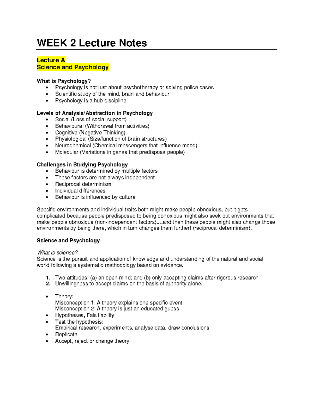 PSYC121 WEEK 2 Lecture Notes - WEEK 2 Lecture Notes Lecture A Science ...