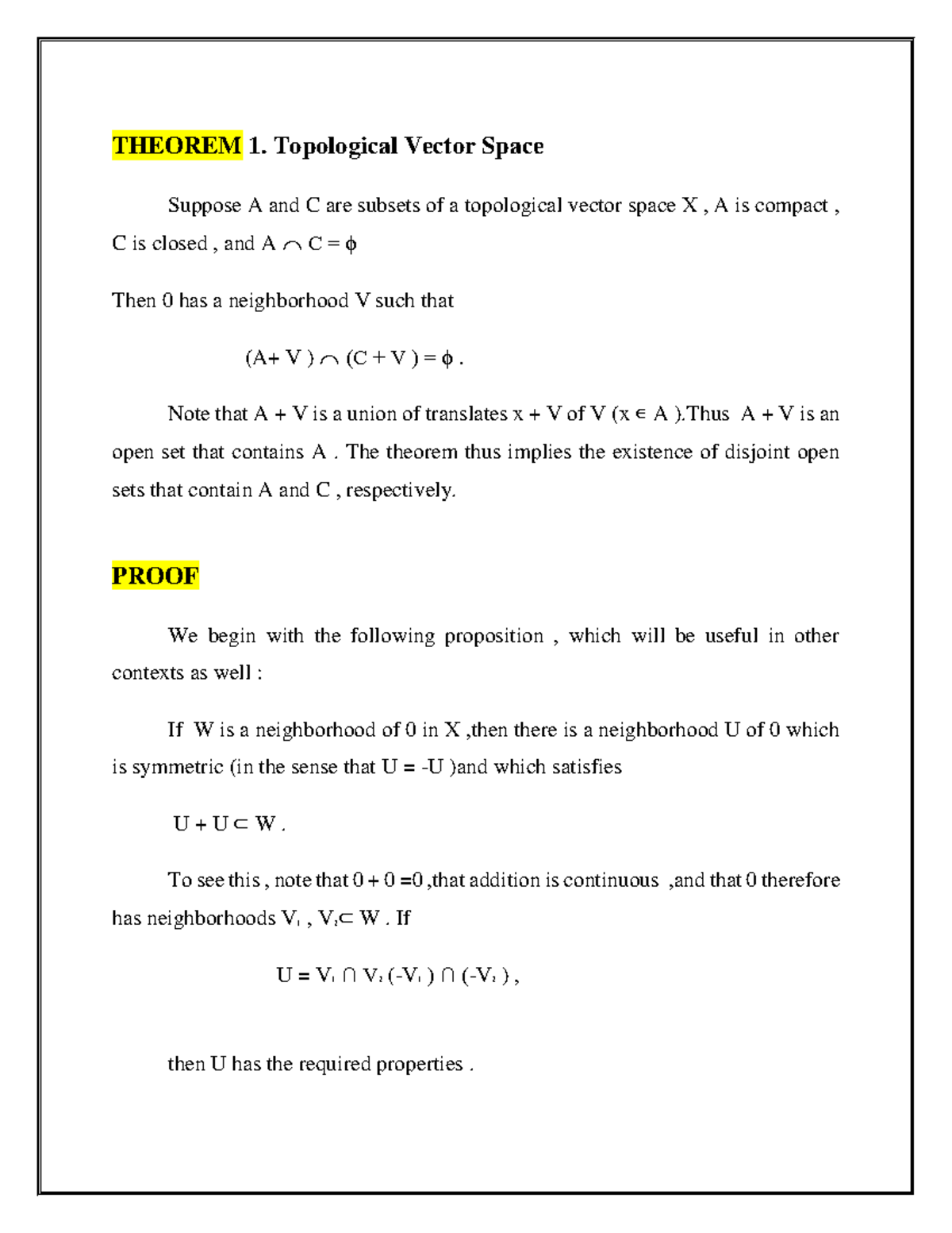 Theorem 1 - topological vector space - Basic Topology - THEOREM 1 ...