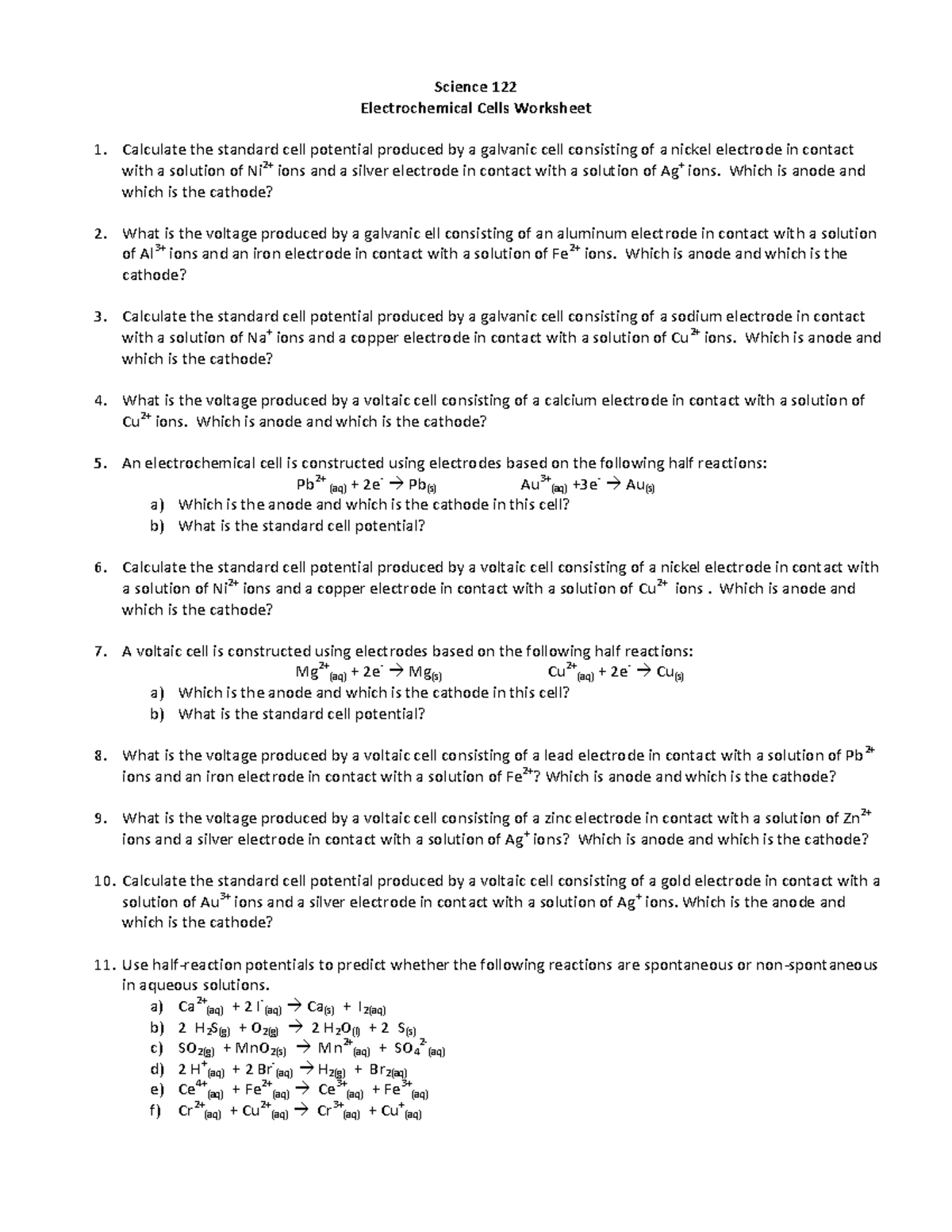 Voltaic cell worksheet - Science 122 Electrochemical Cells Worksheet ...