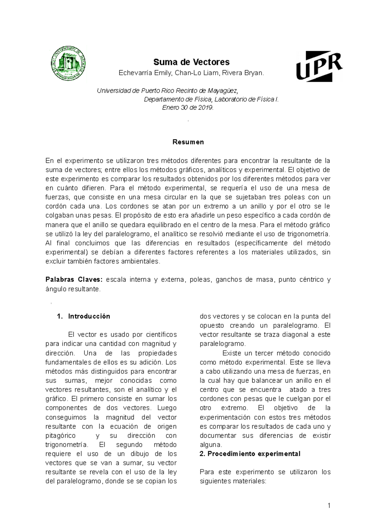 Informe Vectores Phisics Laboratory I Fisi 3173 Rum Studocu