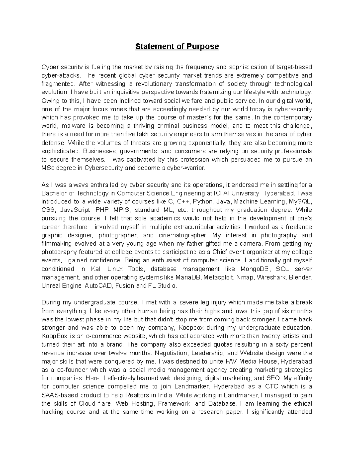 Pace Cybersecurity SOP - Statement of Purpose Cyber security is fueling ...