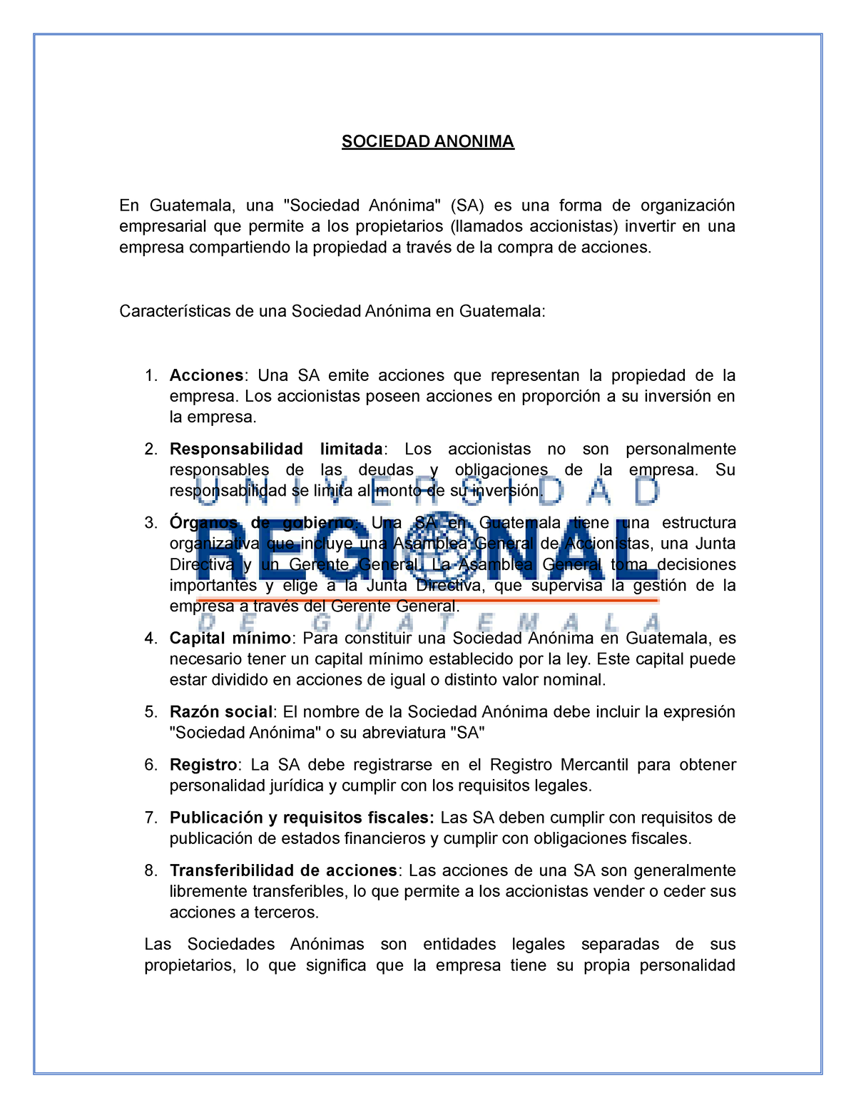 Sociedad Anonima. S.A - SOCIEDAD ANONIMA En Guatemala, una "Sociedad