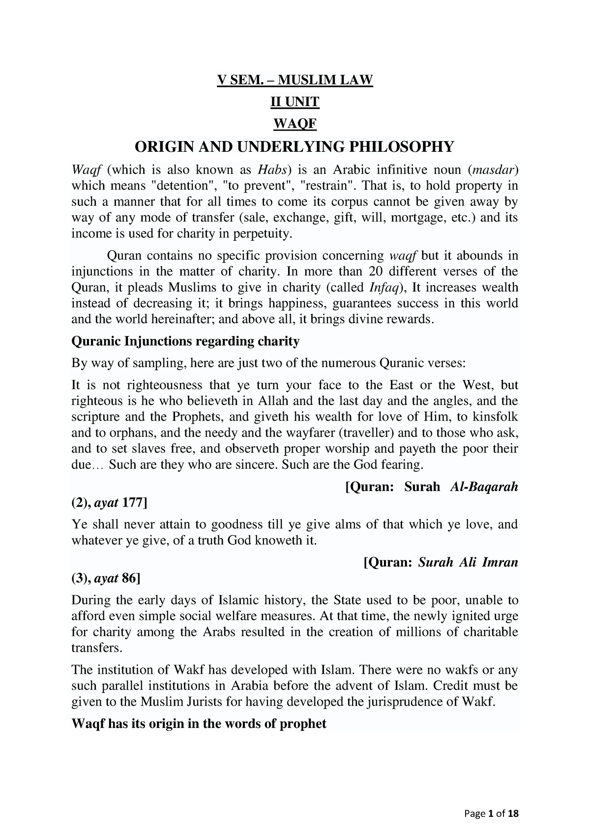 Waqf - WAQF NOTES - V SEM. – MUSLIM LAW II UNIT WAQF ORIGIN AND ...