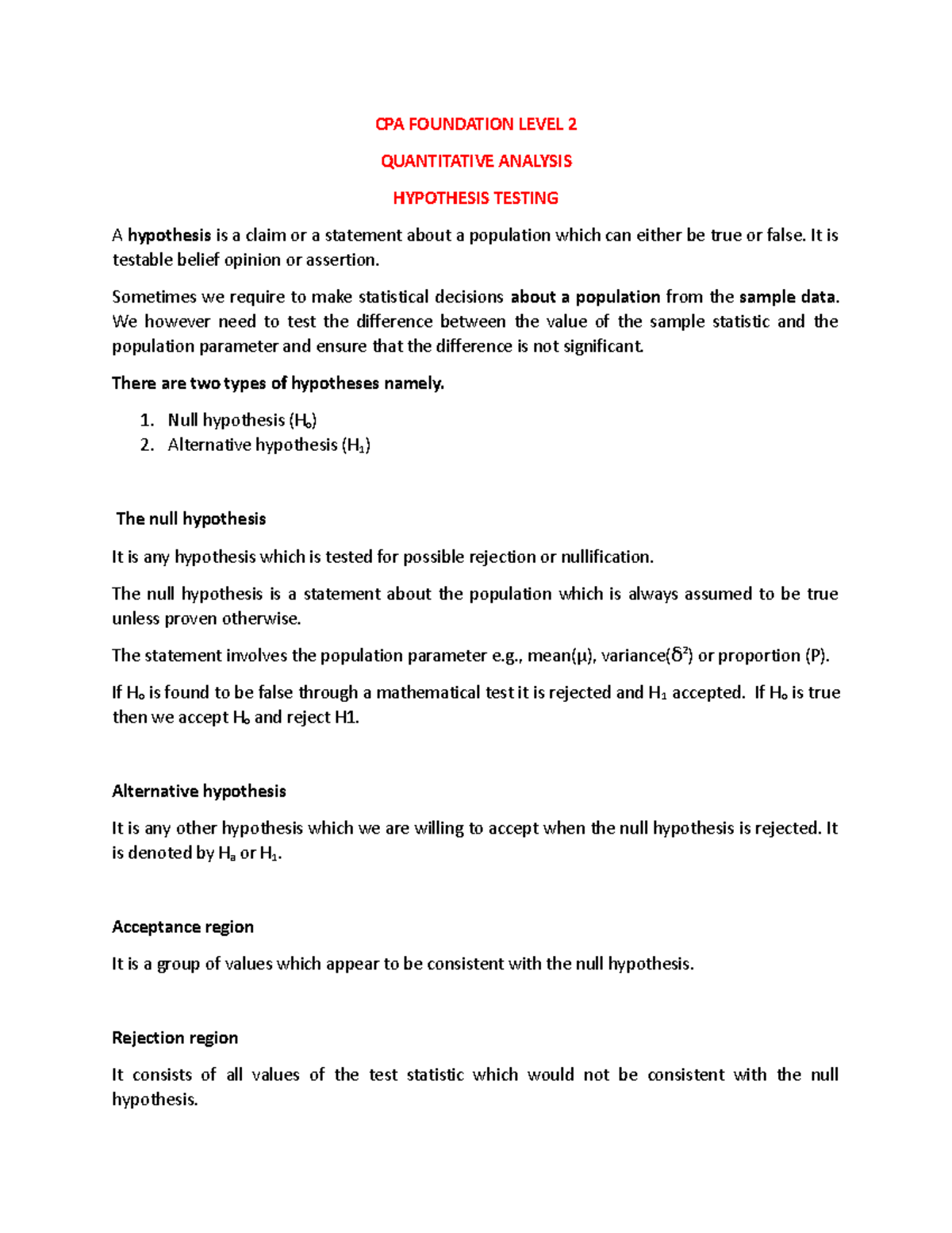 Hypothesis testing CPA FOUNDATION LEVEL 2 QUANTITATIVE ANALYSIS