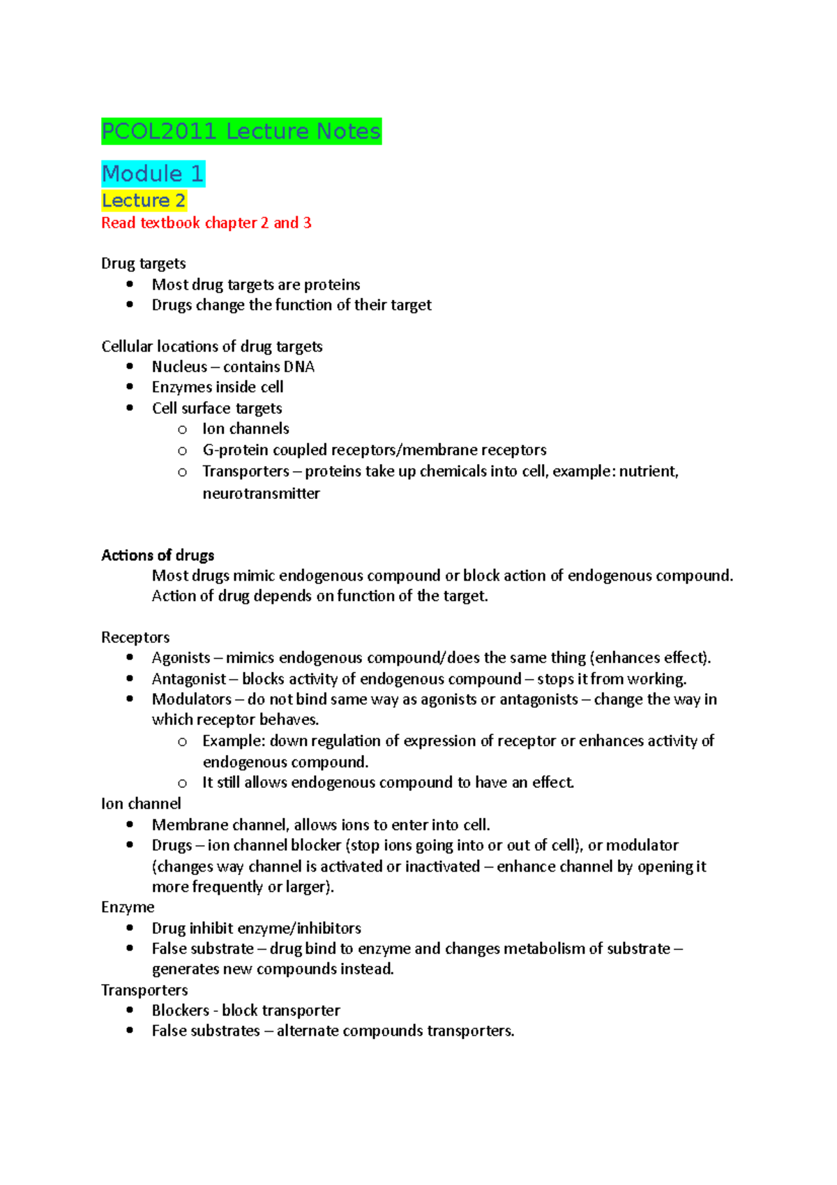 PCOL2011 Lecture Notes Module 1 - Action of drug depends on function of ...