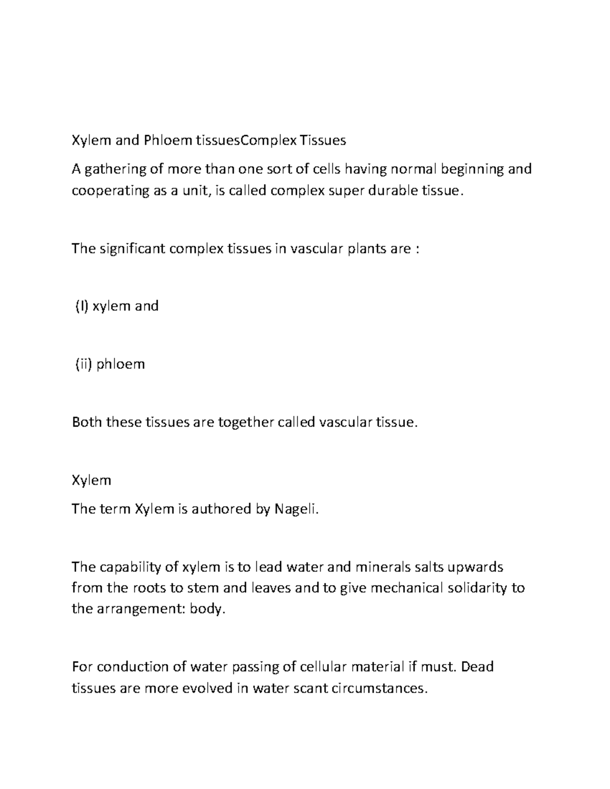 Document (1) Short lecture notes Xylem and Phloem