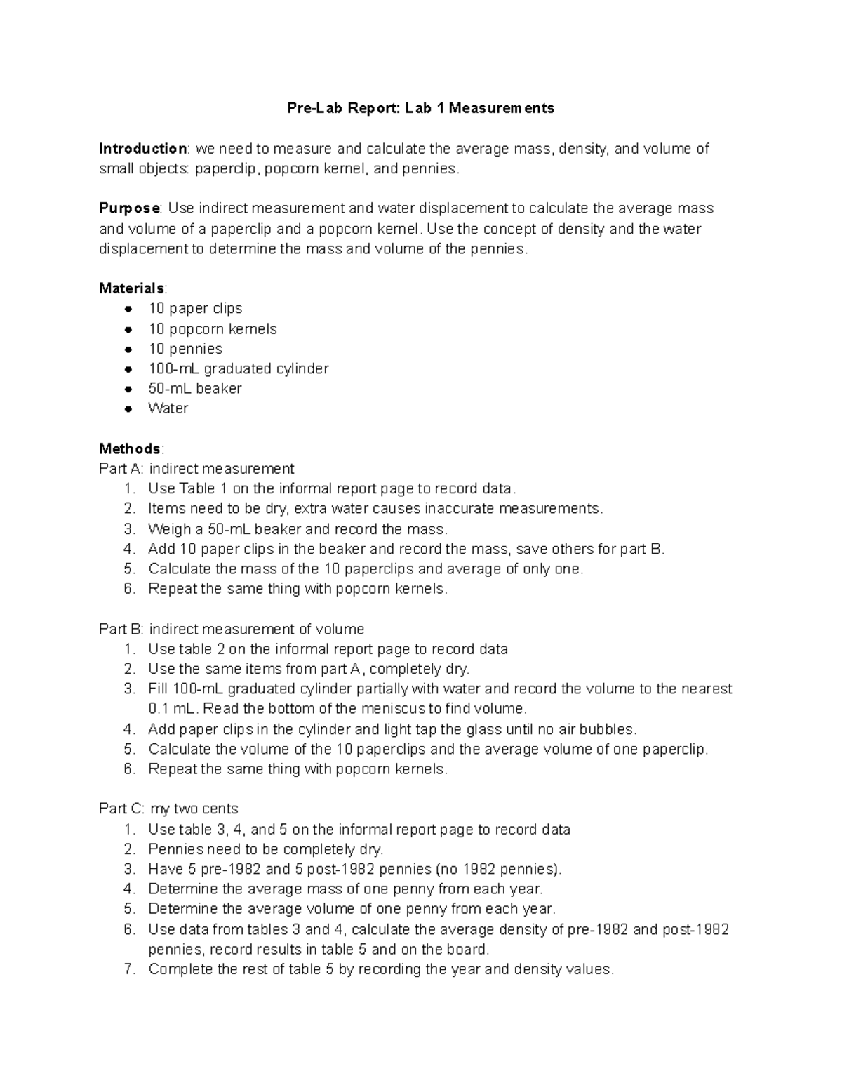 Pre-Lab Report Lab 1 Measurements - Pre-Lab Report: Lab 1 Measurements ...