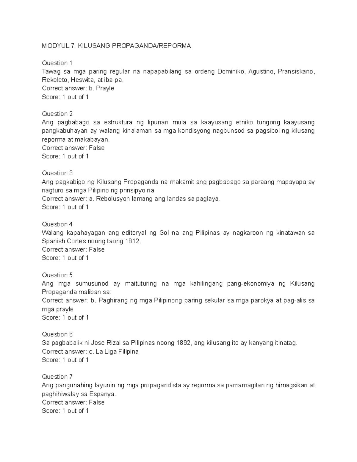 QUIZ Modyul 7 Kilusang Propaganda Reporma - MODYUL 7: KILUSANG ...