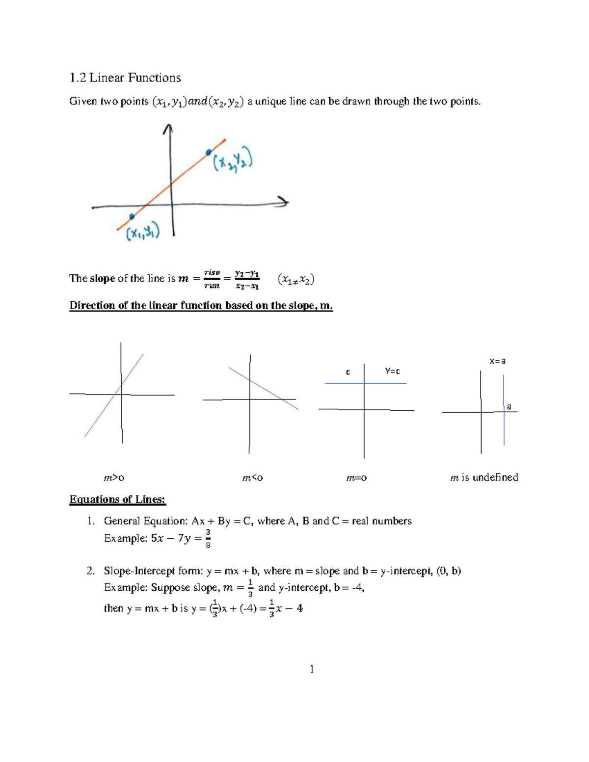 1.2 Linear Functions for class - 1 Linear Functions Given two points (𝑥 ...