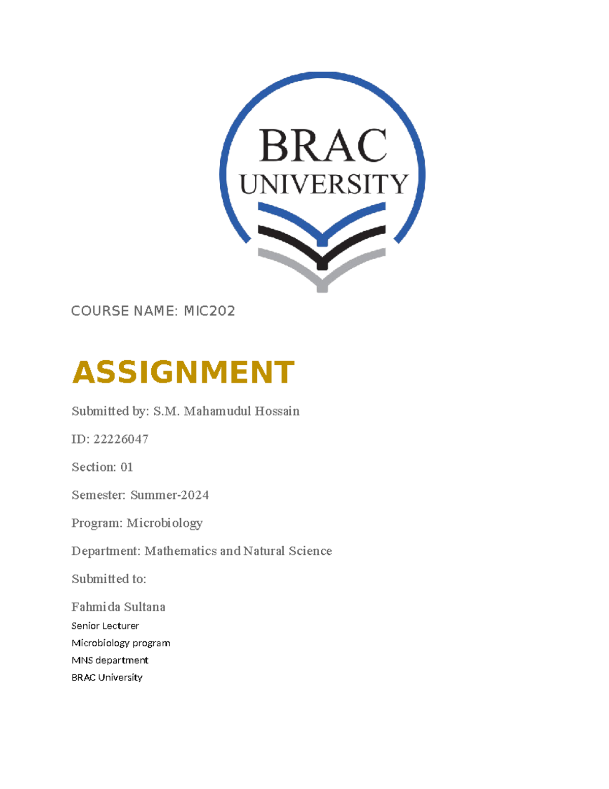 MIC202 Assignment - 22226047 - COURSE NAME: MIC ASSIGNMENT Submitted by ...