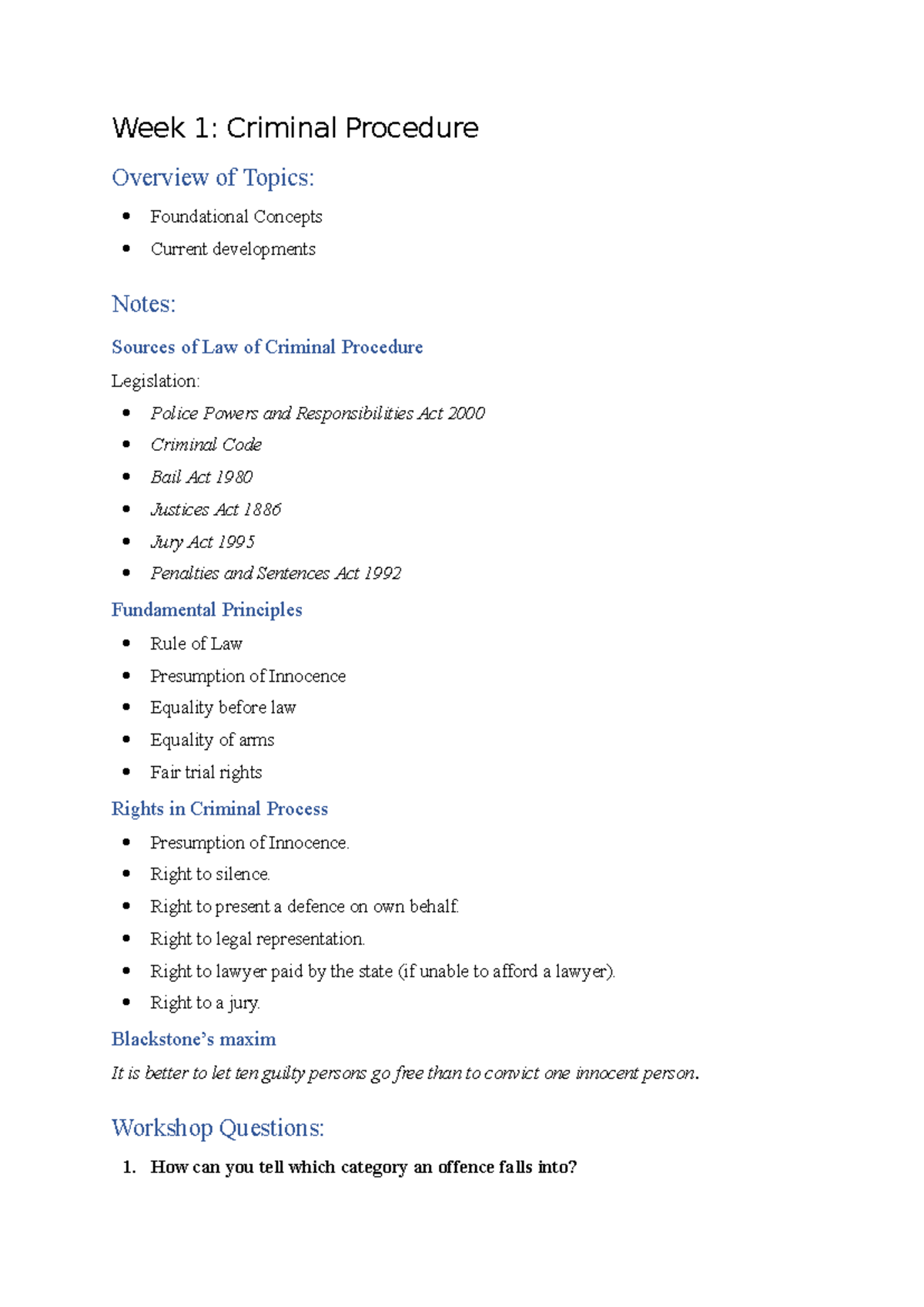 Week 1 - Notes - Week 1: Criminal Procedure Overview of Topics ...