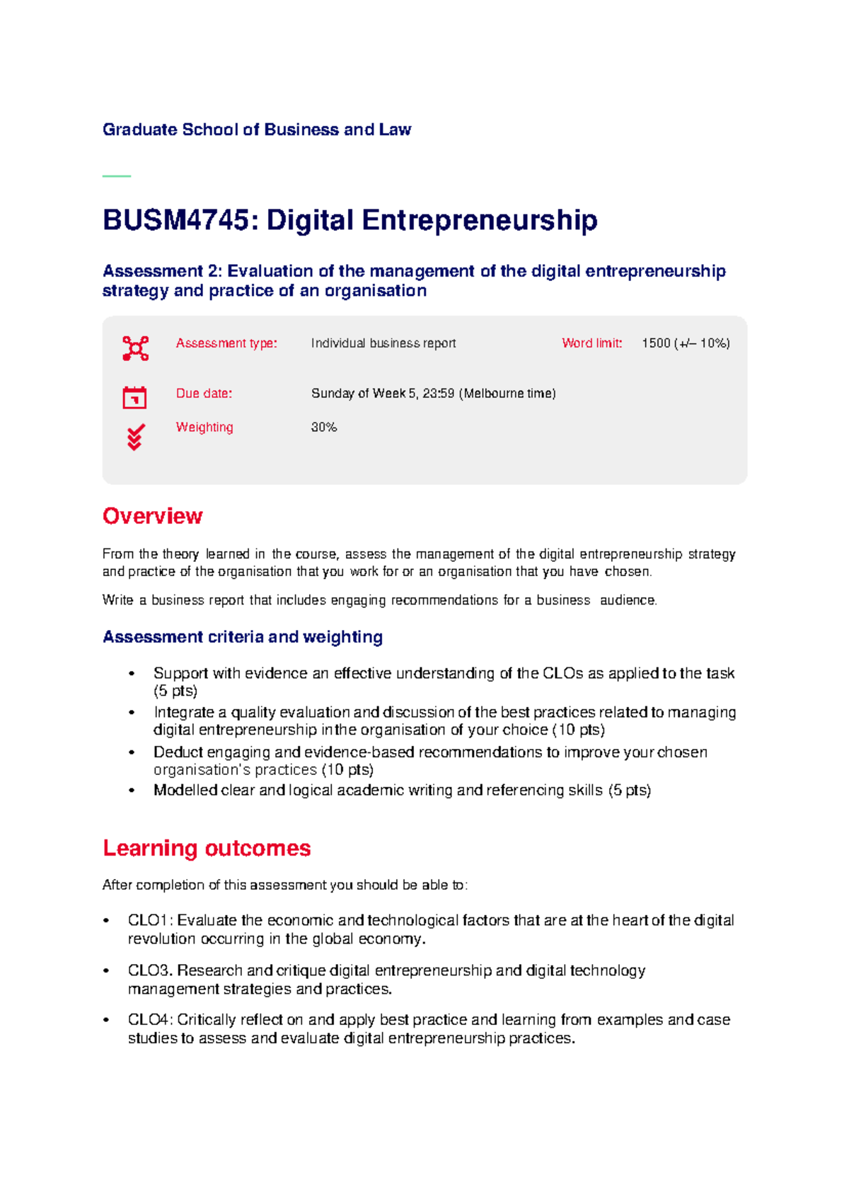 BUSM4745 Assessment 2 TP1 2024 - Graduate School of Business and Law ...