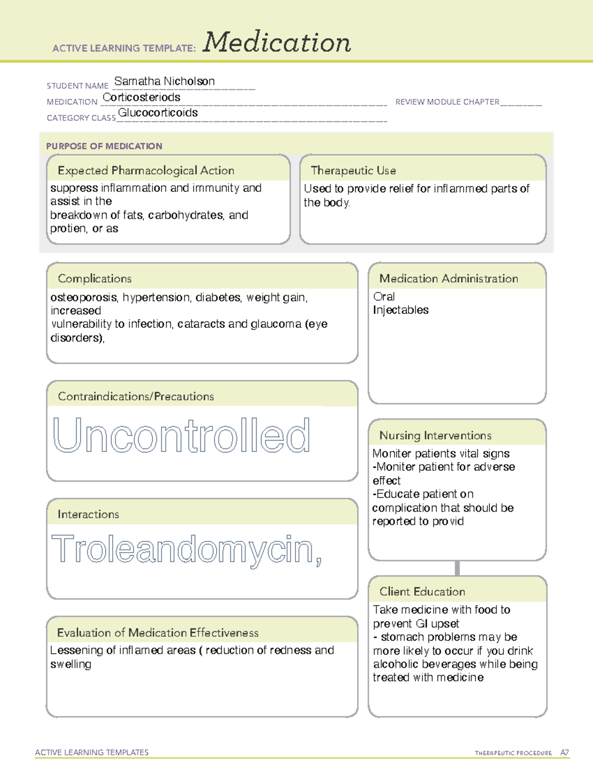 ATI Medication Corticosteroids ACTIVE LEARNING TEMPLATES THERAPEUTIC