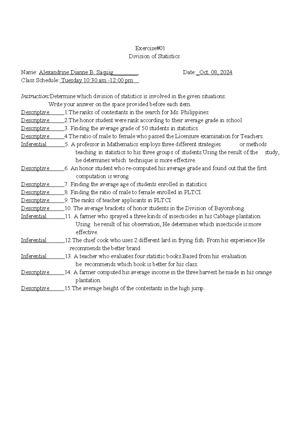 Stat2024 statistics activity 1, 2, 3 Exercise Division of