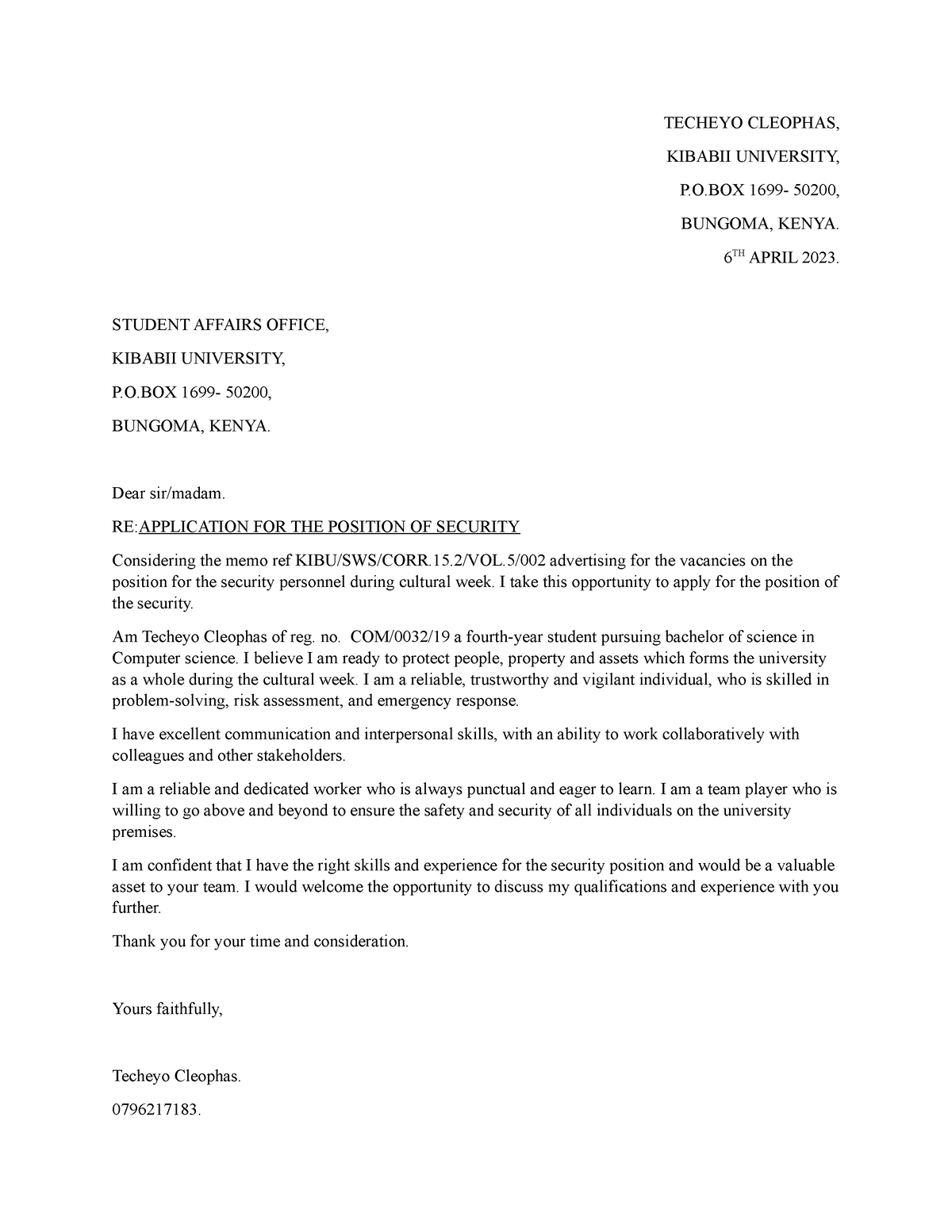 sample of kenyan application letter