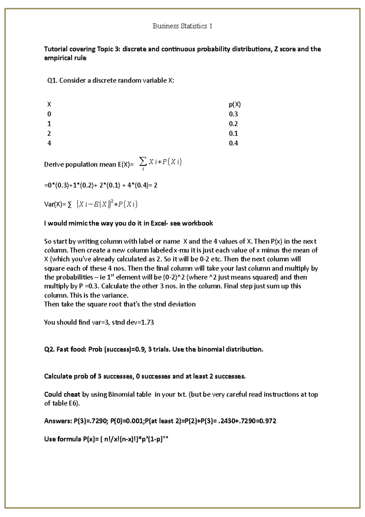 Week 4 Solutions Tutorial 4 - Tutorial covering Topic 3: discrete and ...