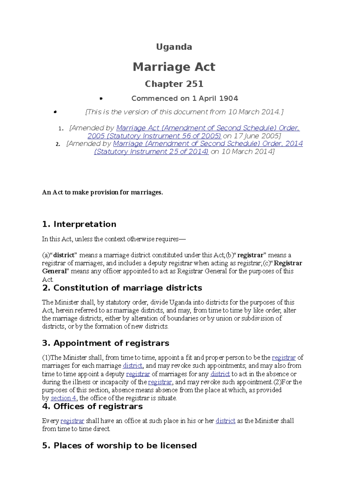 Uganda marriage act law Uganda Marriage Act Chapter 251 Commenced