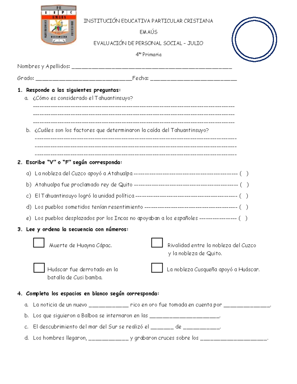4to de primaria - personal social - INSTITUCIÓN EDUCATIVA PARTICULAR ...
