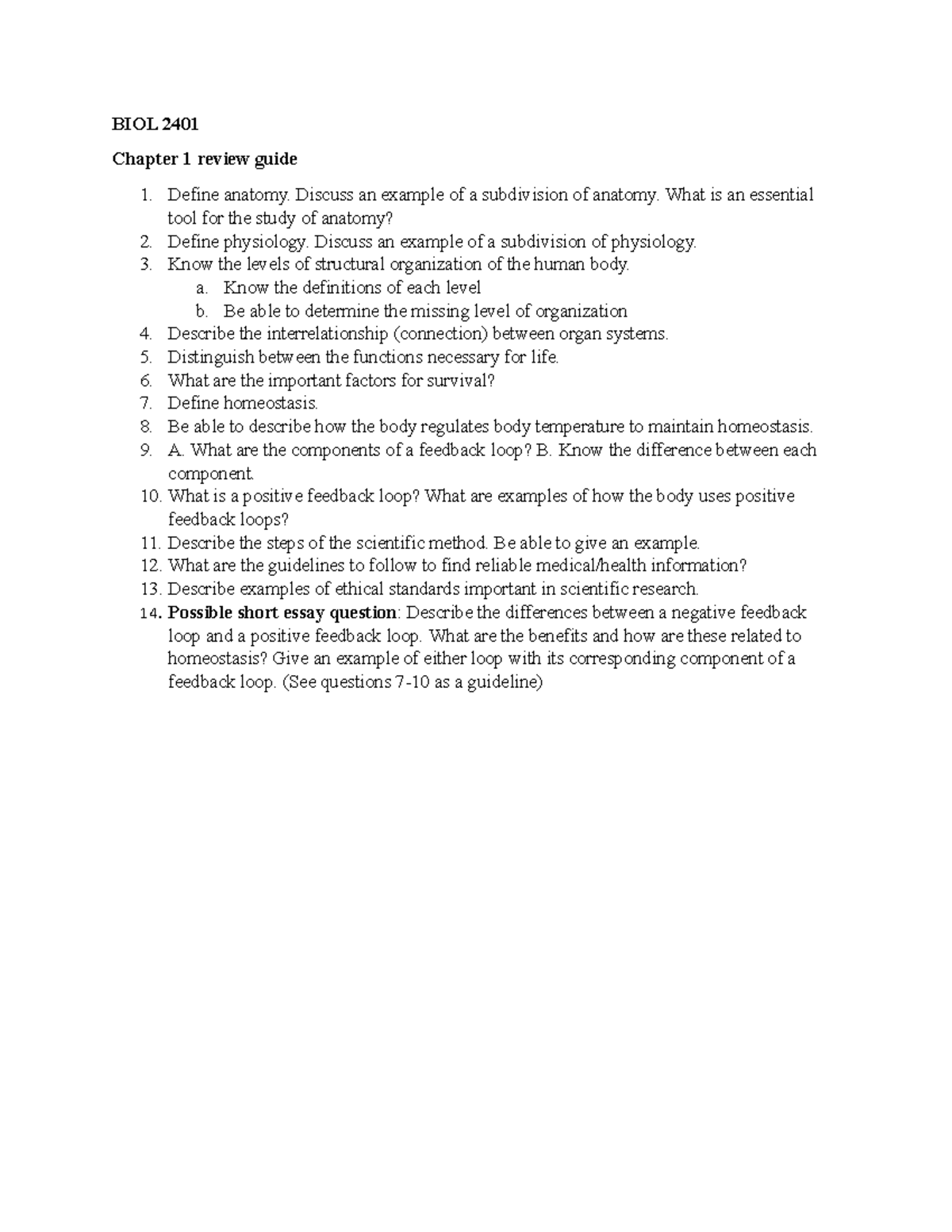 Chapter 1 review guide - BIOL 2401 Chapter 1 review guide Define ...