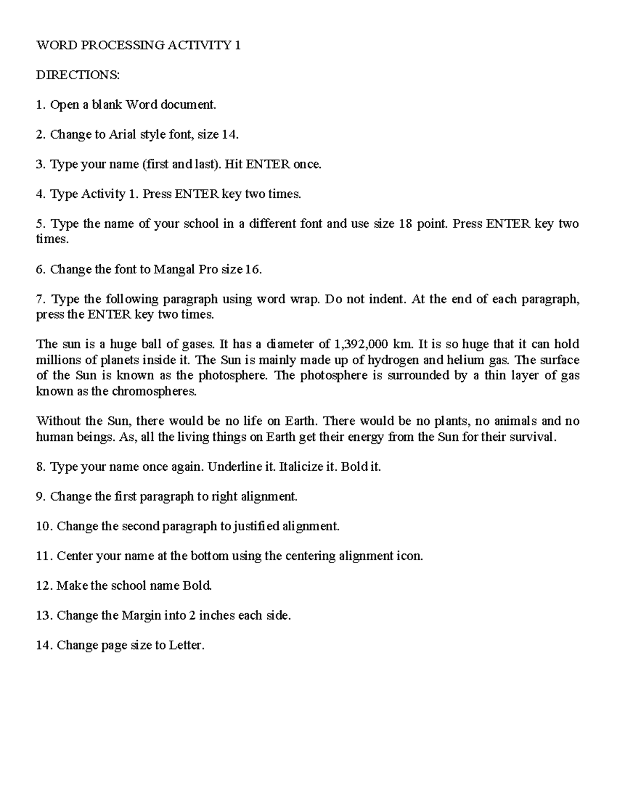 WORD Processing Activity 1 - WORD PROCESSING ACTIVITY 1 DIRECTIONS ...