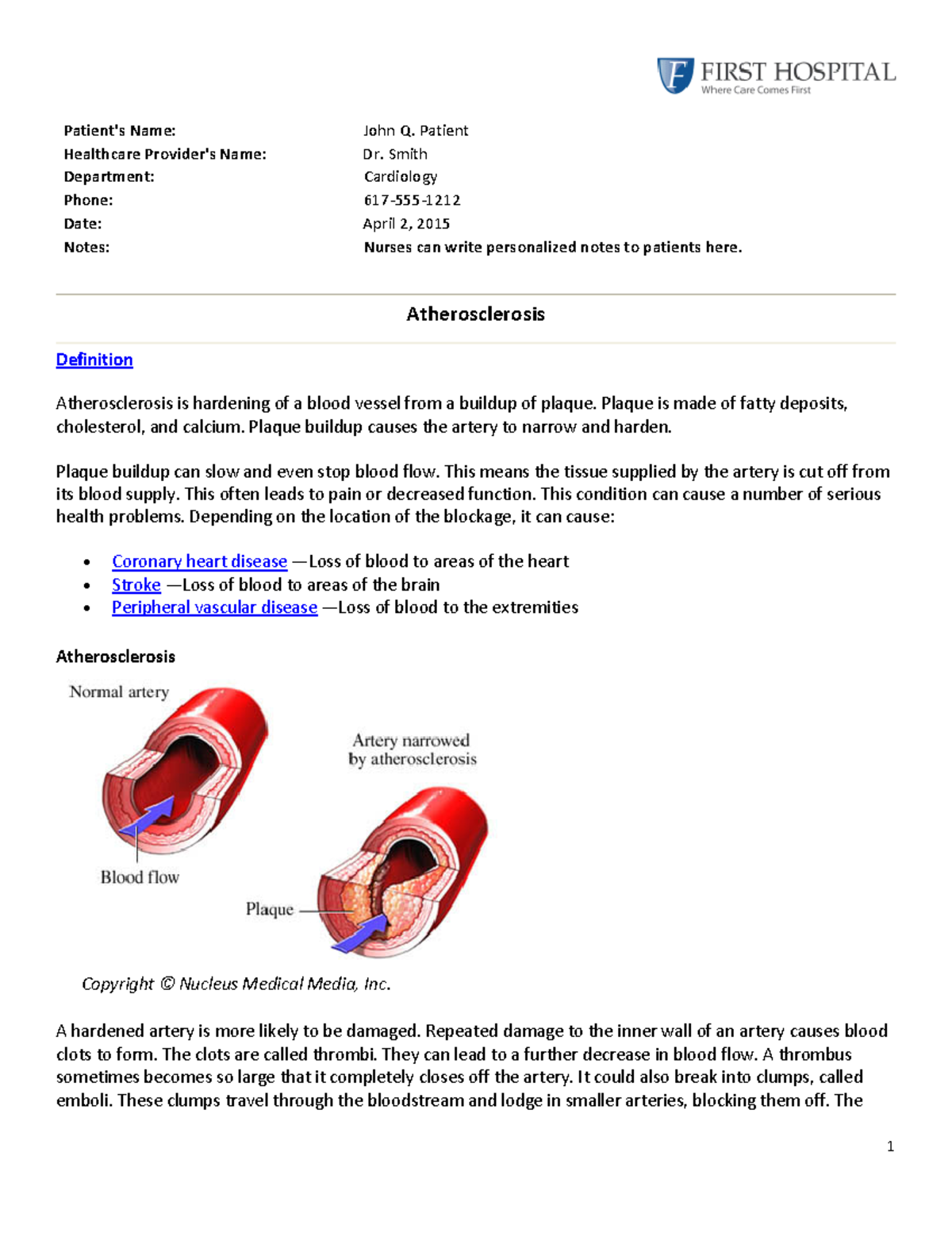 Atherosclerosis - Patient's Name: John Q. Patient Healthcare Provider's ...