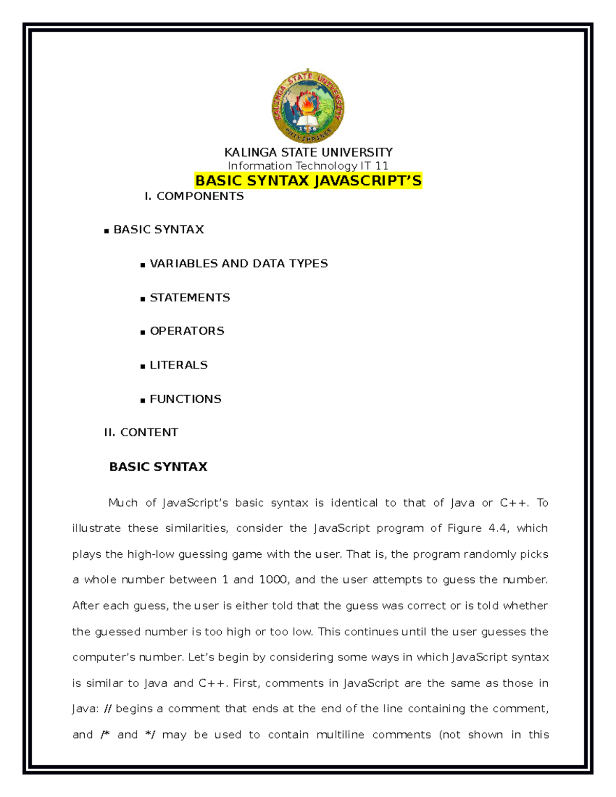 Basic Syntax Javascript’S - KALINGA STATE UNIVERSITY Information ...