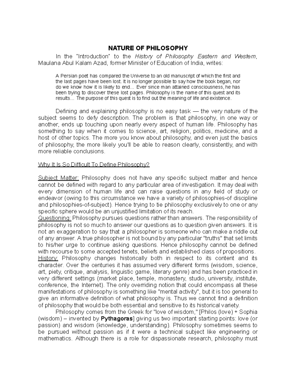 Introducing Philosophy.doc - NATURE OF PHILOSOPHY In the “Introduction ...