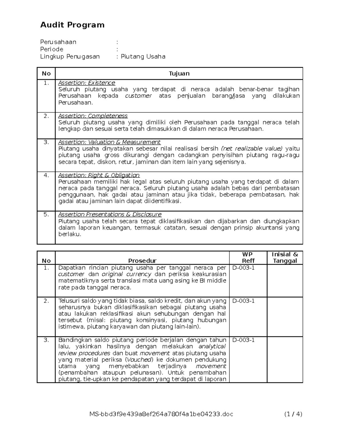 13 Audit Program - Piutang Usaha - Audit Program Perusahaan : Periode ...