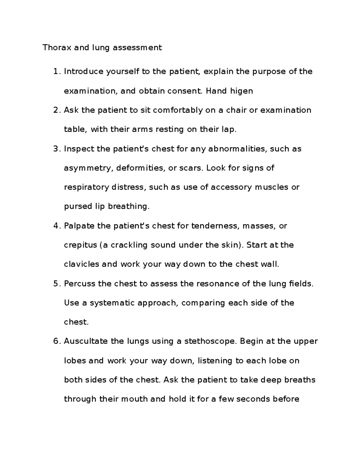 107 osce - osce - Thorax and lung assessment Introduce yourself to the ...