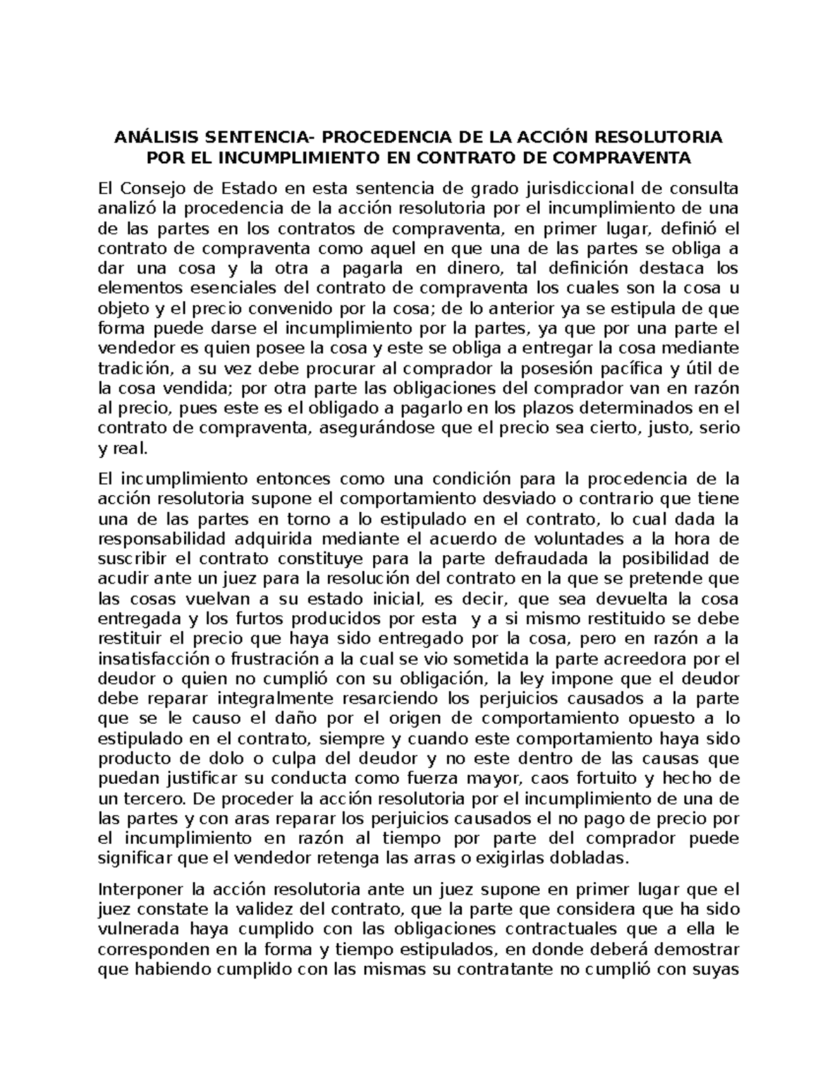 Acción Resolutoria - Aspectos relevantes. - ANÁLISIS SENTENCIA