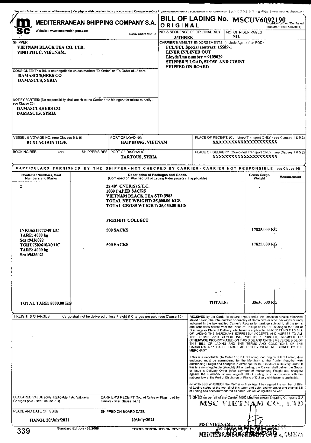 BILL OF Lading 072021 - thanh toán quốc tế - Studocu