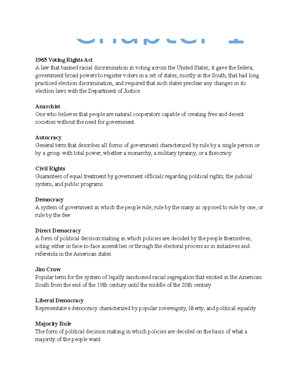 Chapter 1 Democracy and American Politics Vocab Terms - 1965 Voting ...