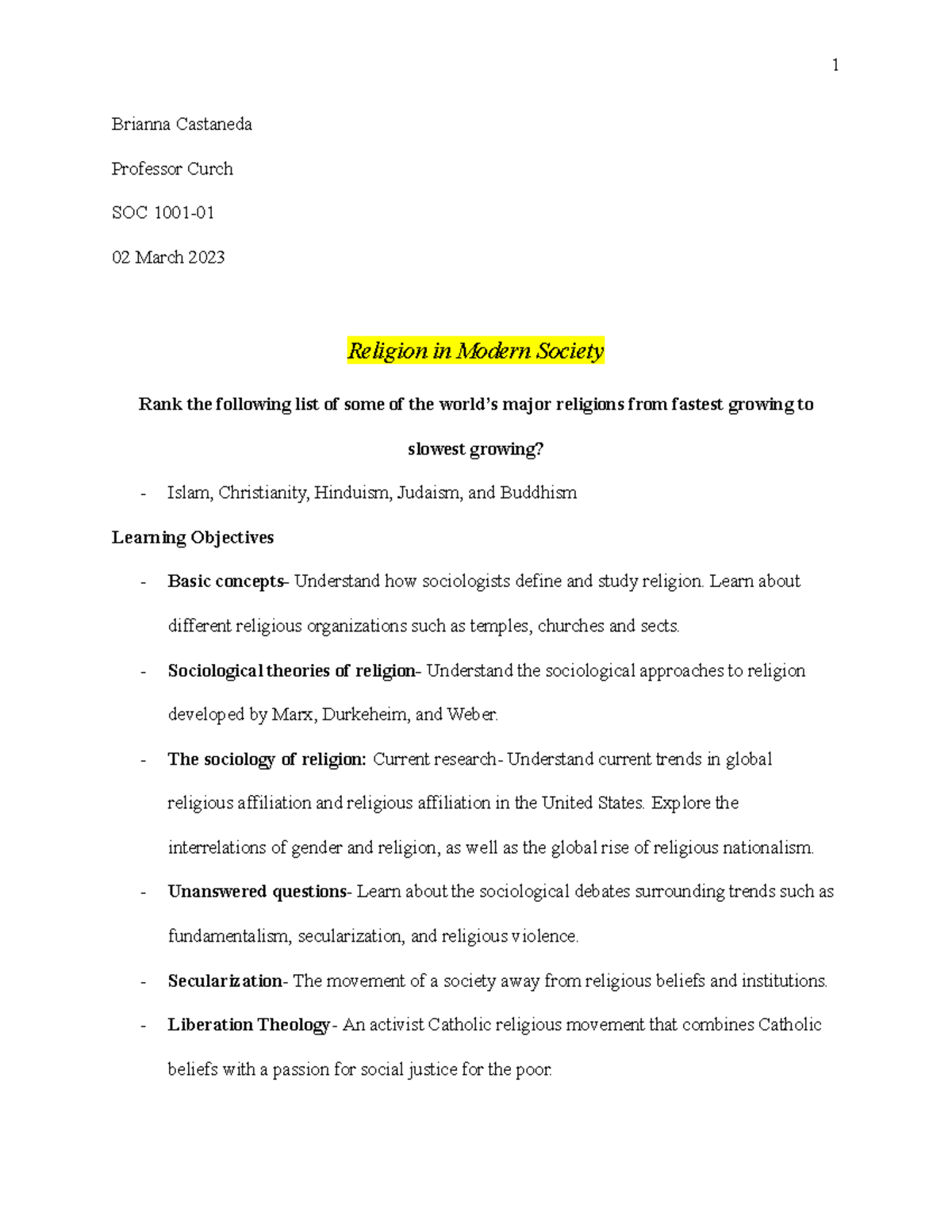 Sociology mini-project - Brianna Castaneda Professor Curch SOC 1001- 02 ...