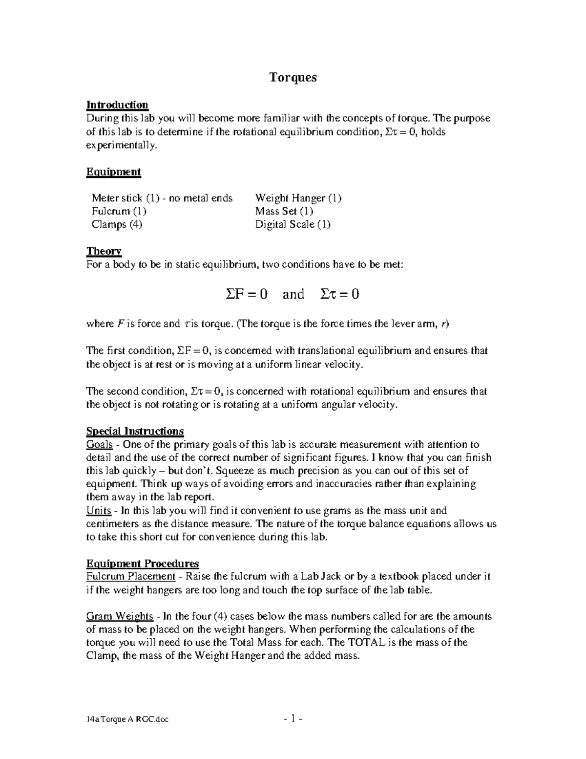 14a Torque A RGC - lab report - Torques Introduction During this lab ...