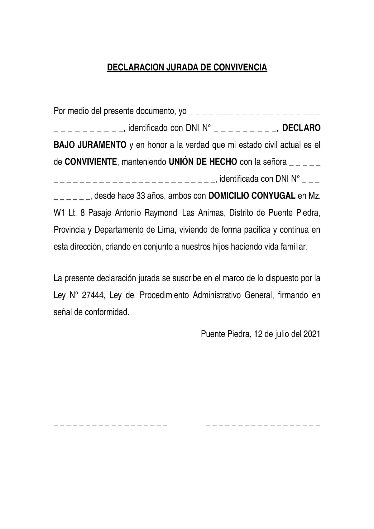 Declaracion Jurada DE Convivencia - DECLARACION JURADA DE CONVIVENCIA Por  medio del presente - Studocu