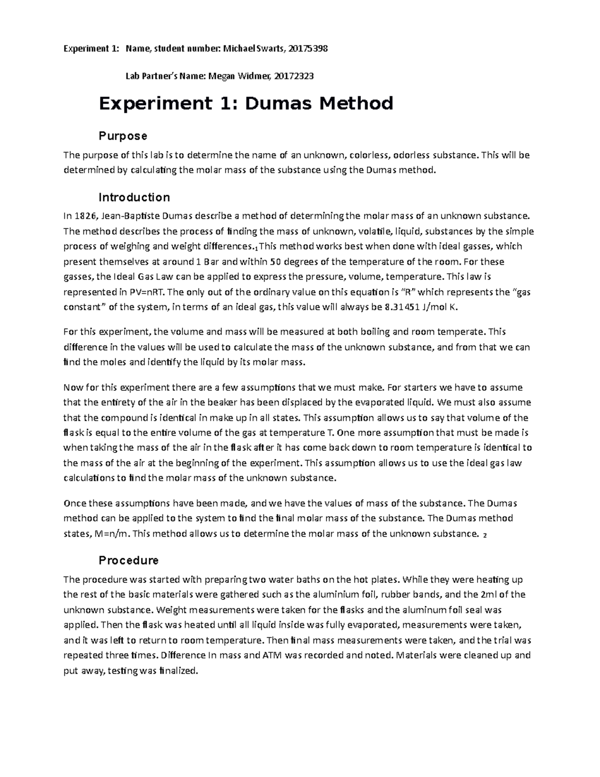 Template Dumas Method - Experiment 1: Name, student number: Michael ...