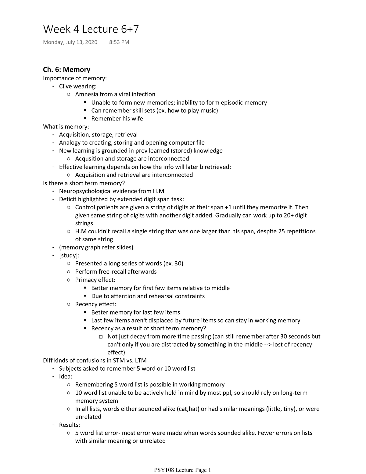 PSY108 Lecture 4 - Ch. 6: Memory Importance of memory: Clive wearing ...