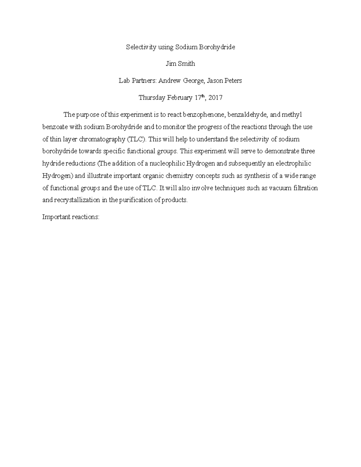 Chem353 Borohydride selectivity report - Selectivity using Sodium ...