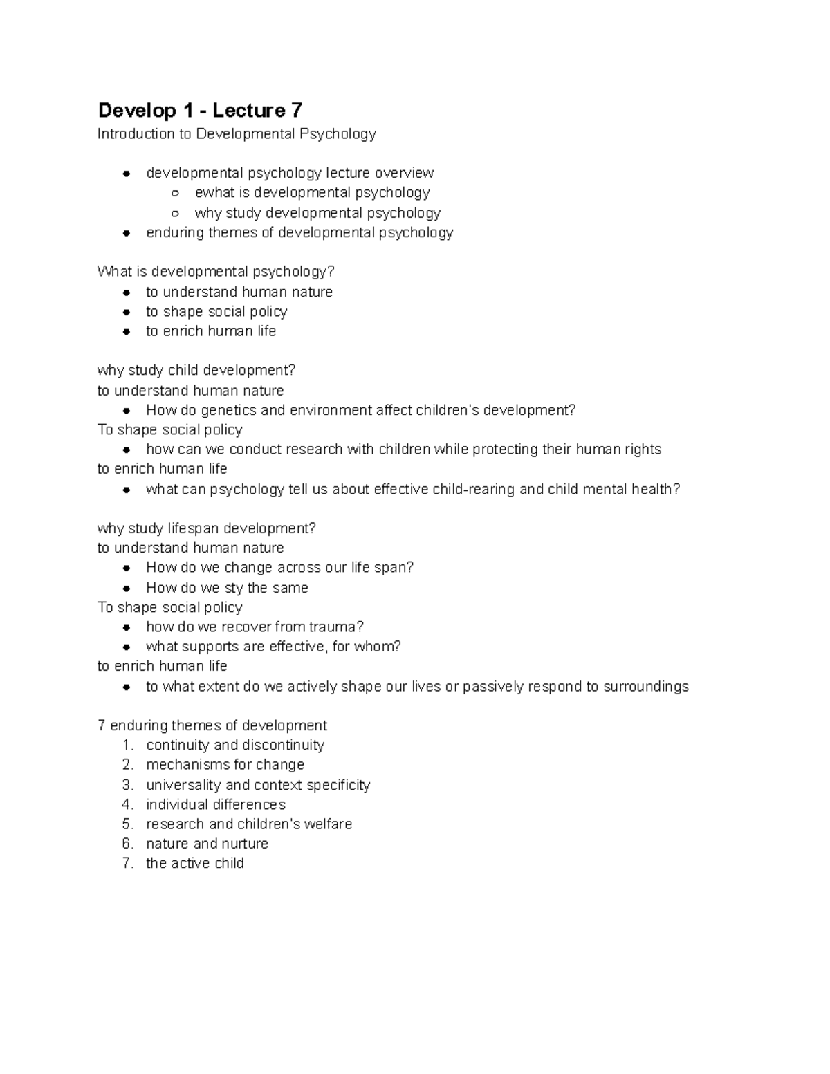 Development Psychology Notes - Develop 1 - Lecture 7 Introduction to ...