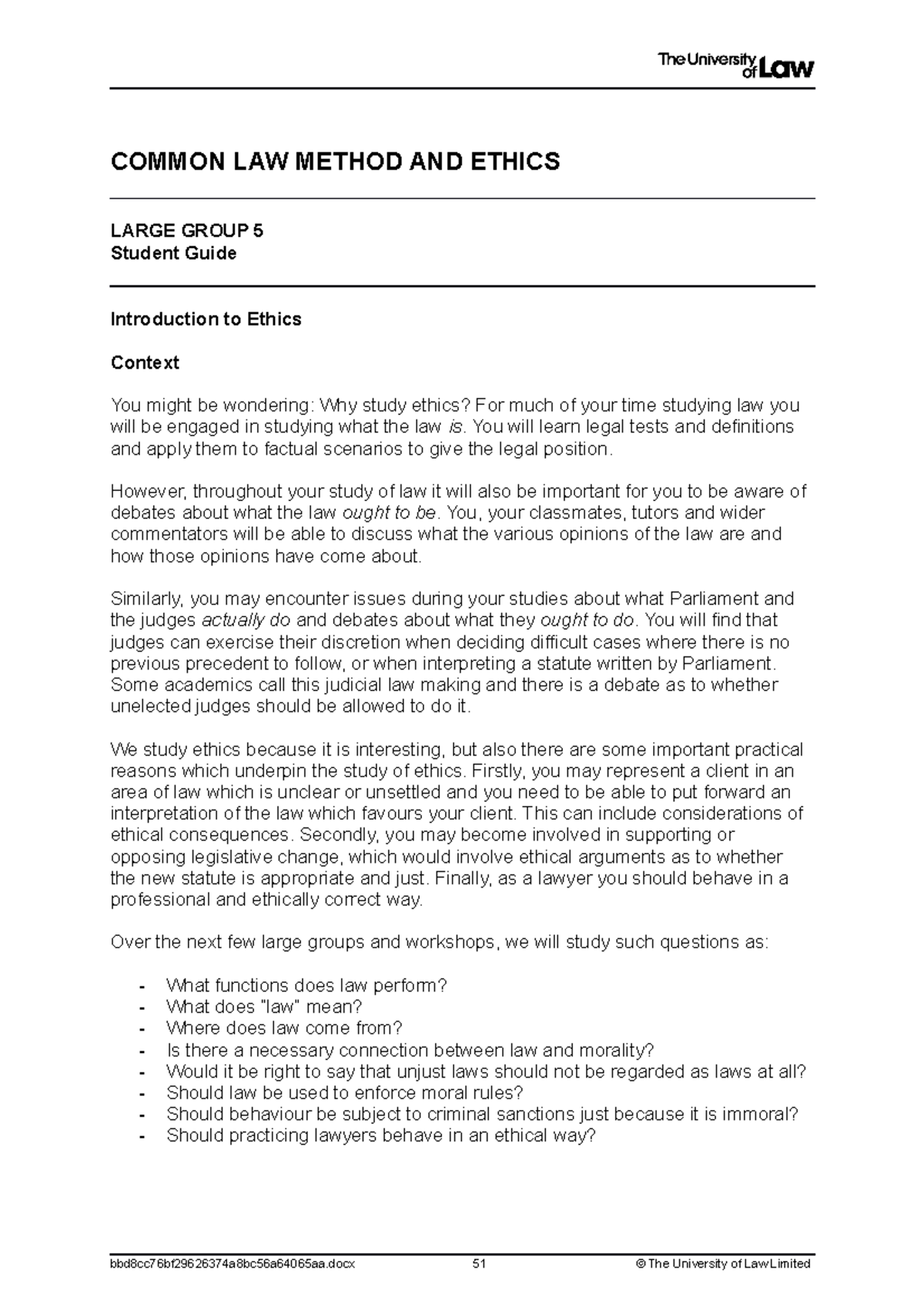 LG5 - student guide - Lecture notes 5 - COMMON LAW METHOD AND ETHICS ...