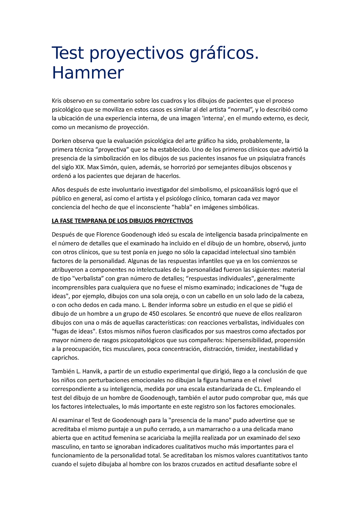 Instrumento Test Proyectivos Gr Ficos Test Proyectivos Gr Ficos Hammer Kris Observo En Su