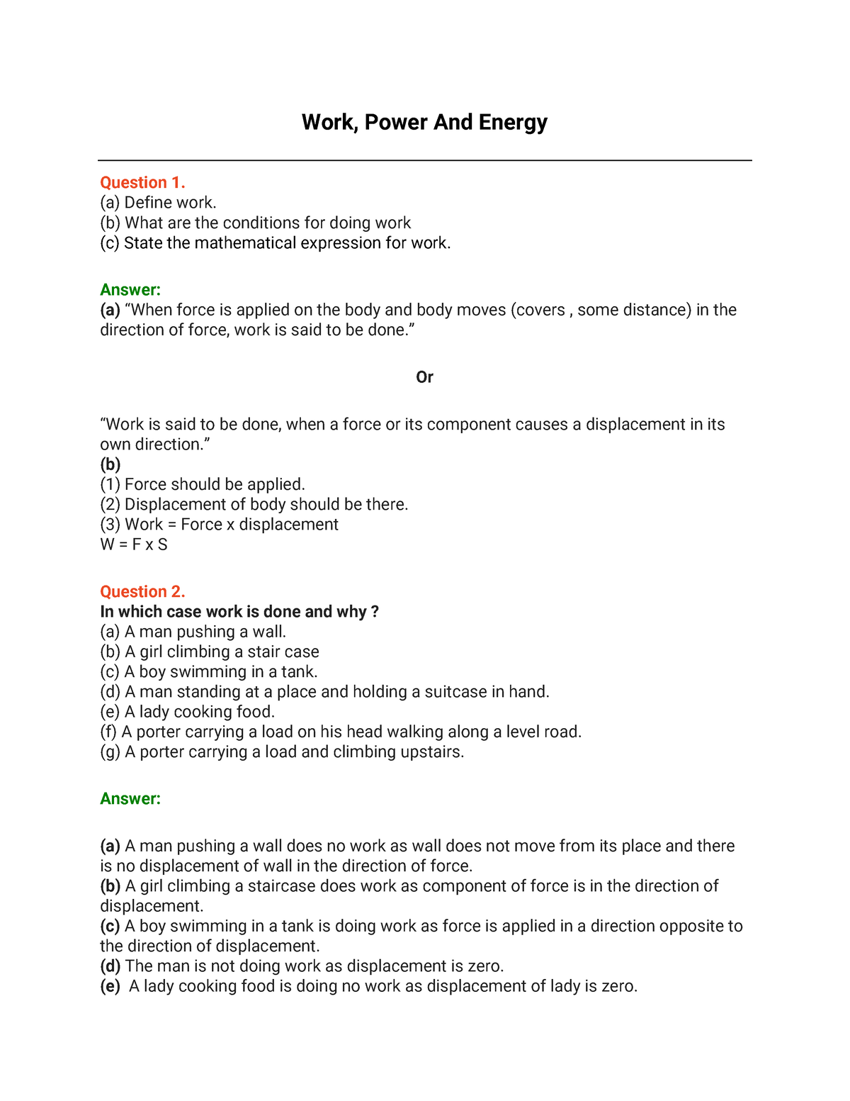 essay questions on work energy and power