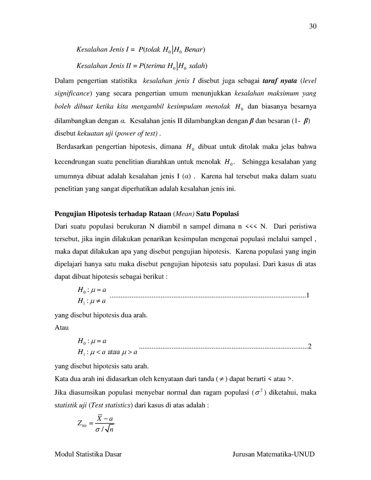 Statistika 1 32-41 - Kesalahan Jenis I = P Tolak H( 0 H 0 Benar ...
