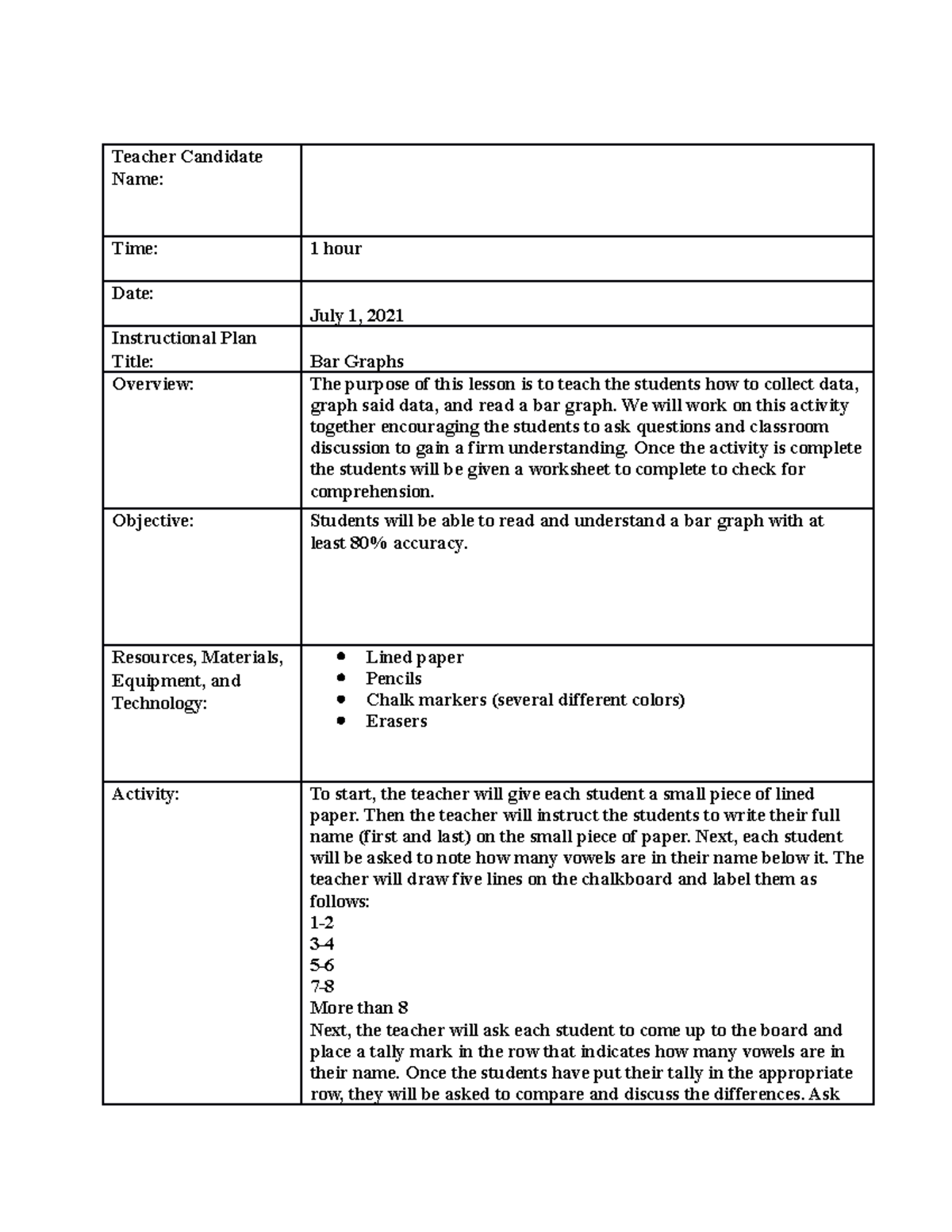 Week 2 lesson plan document - Teacher Candidate Name: Time: 1 hour Date ...