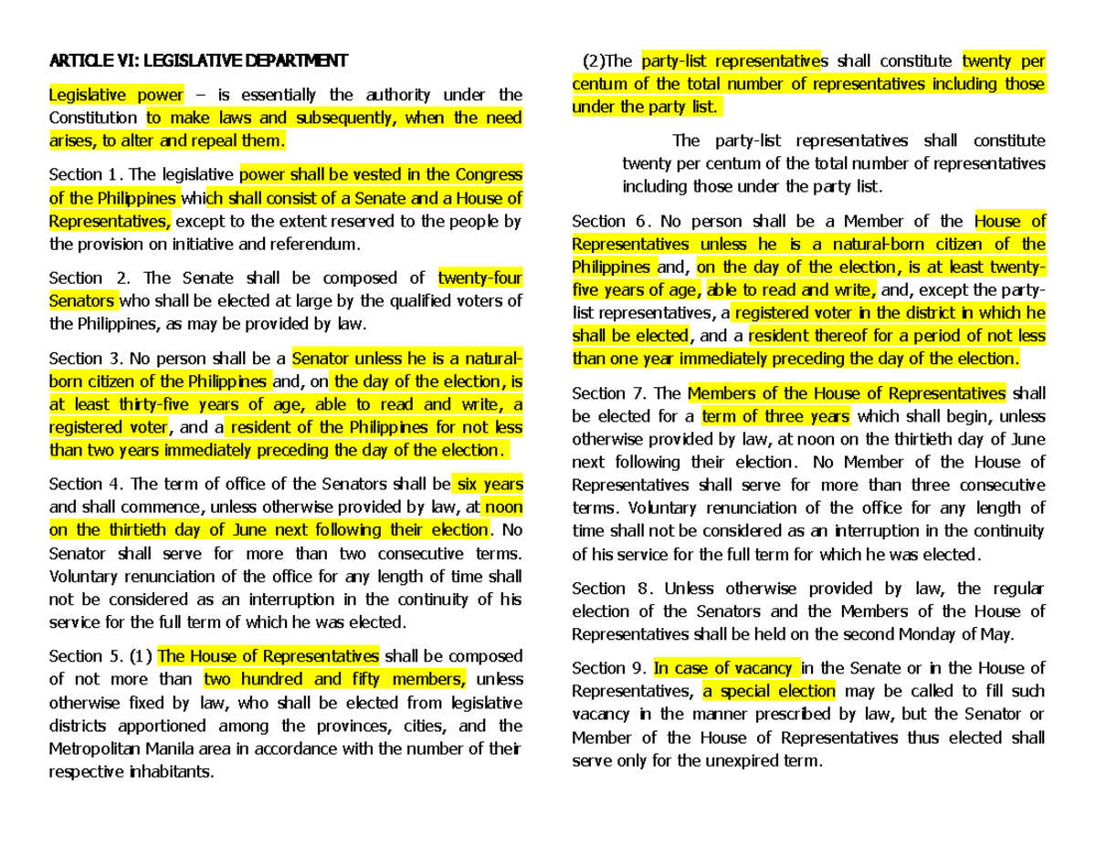 Goodluck - Hope it helps - ARTICLE VI: LEGISLATIVE DEPARTMENT ...