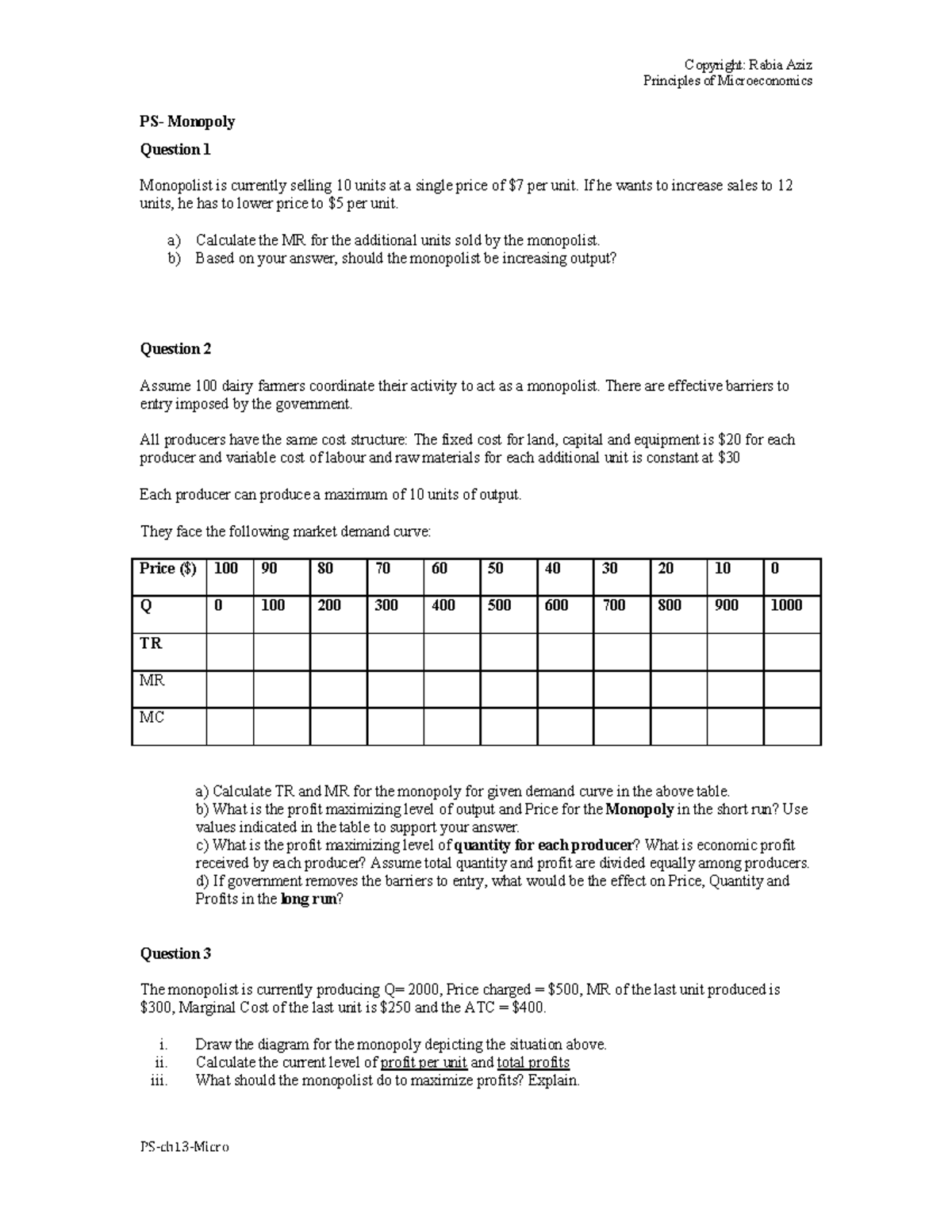 ECON Monopoly Chapter 13: MODULE NOTES - Copyright: Rabia Aziz ...
