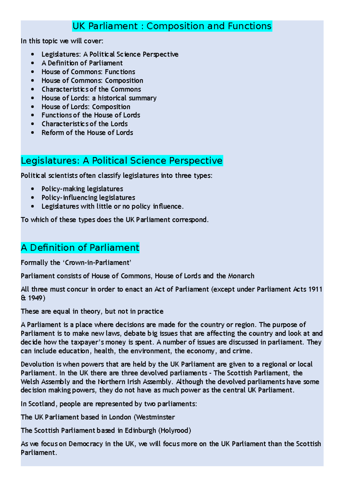 Lecture 6 - UK Parliament : Composition and Functions In this topic we ...