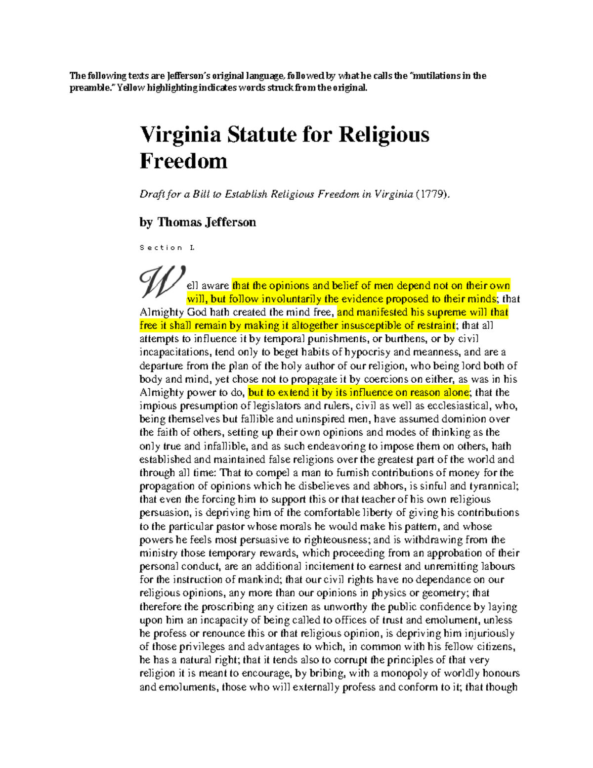 Virginia Statute For Religious Freedom By Thomas Jefferson - The ...