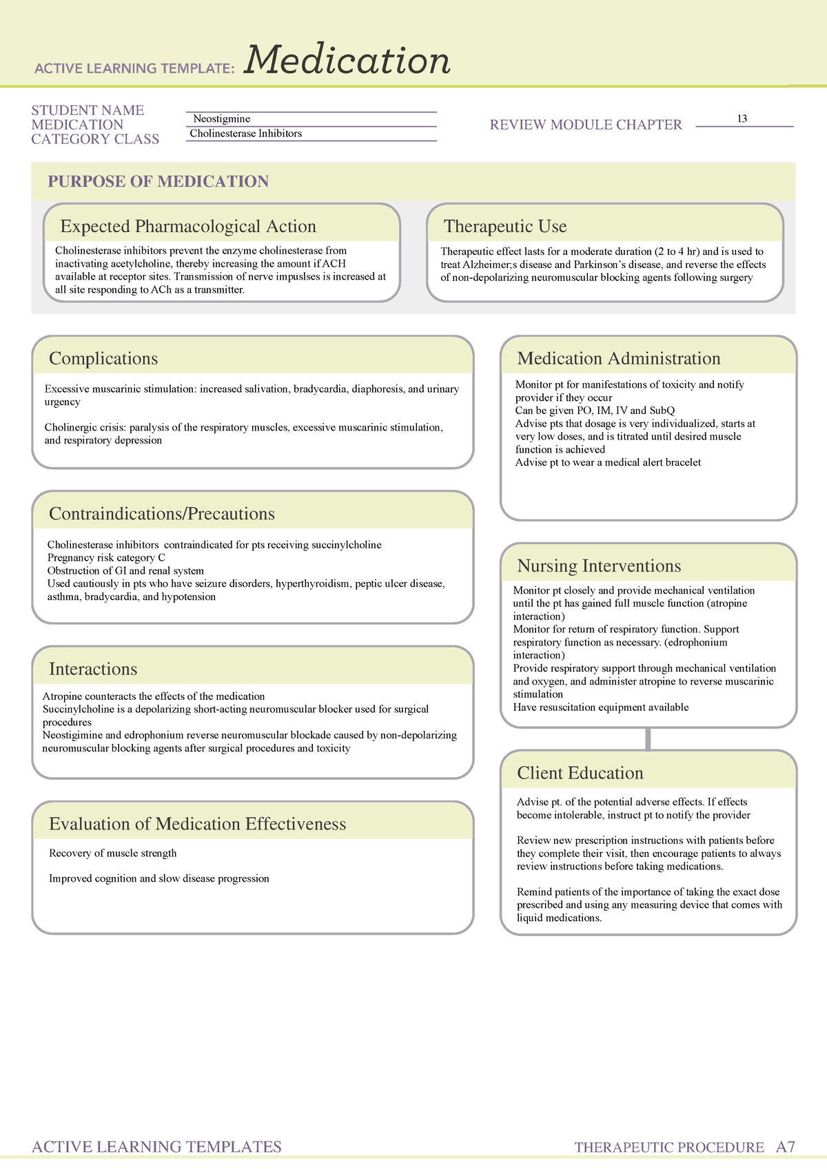 Neostigmine ATI Templates NURS 353 STUDENT NAMEMEDICATIONCATEGORY