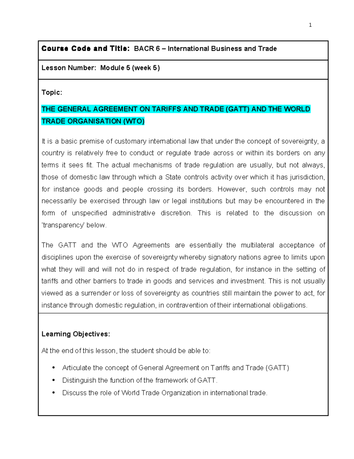 Business International Trade and Globalization - Course Code and Title ...